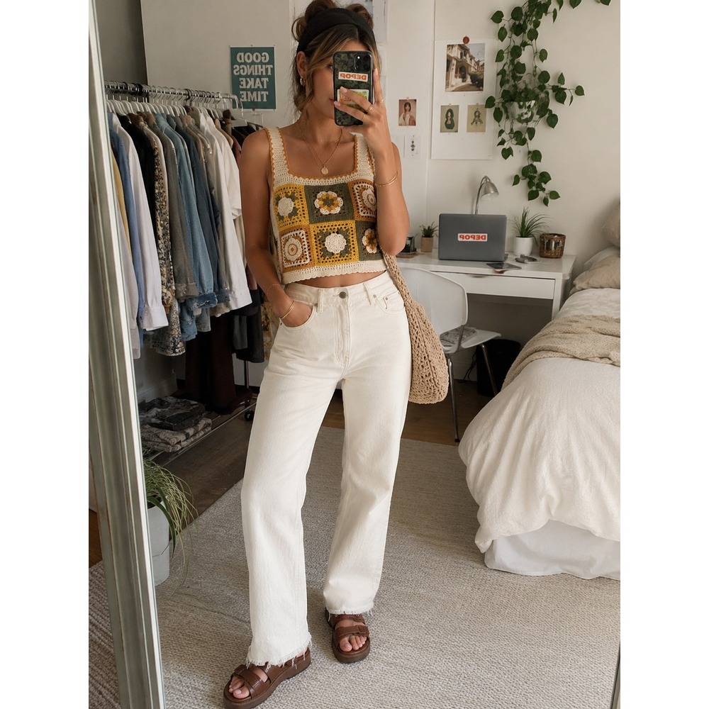 Zara Off White Straight Leg Jeans High Rise Raw Hem Size 4 Cream Denim